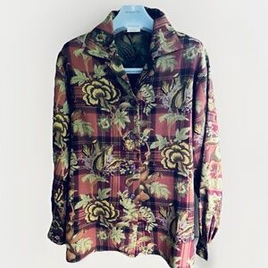 Vintage JAEGER 💯 Wool 36 in Brown Checked Floral Shirt Blouse Button Collar